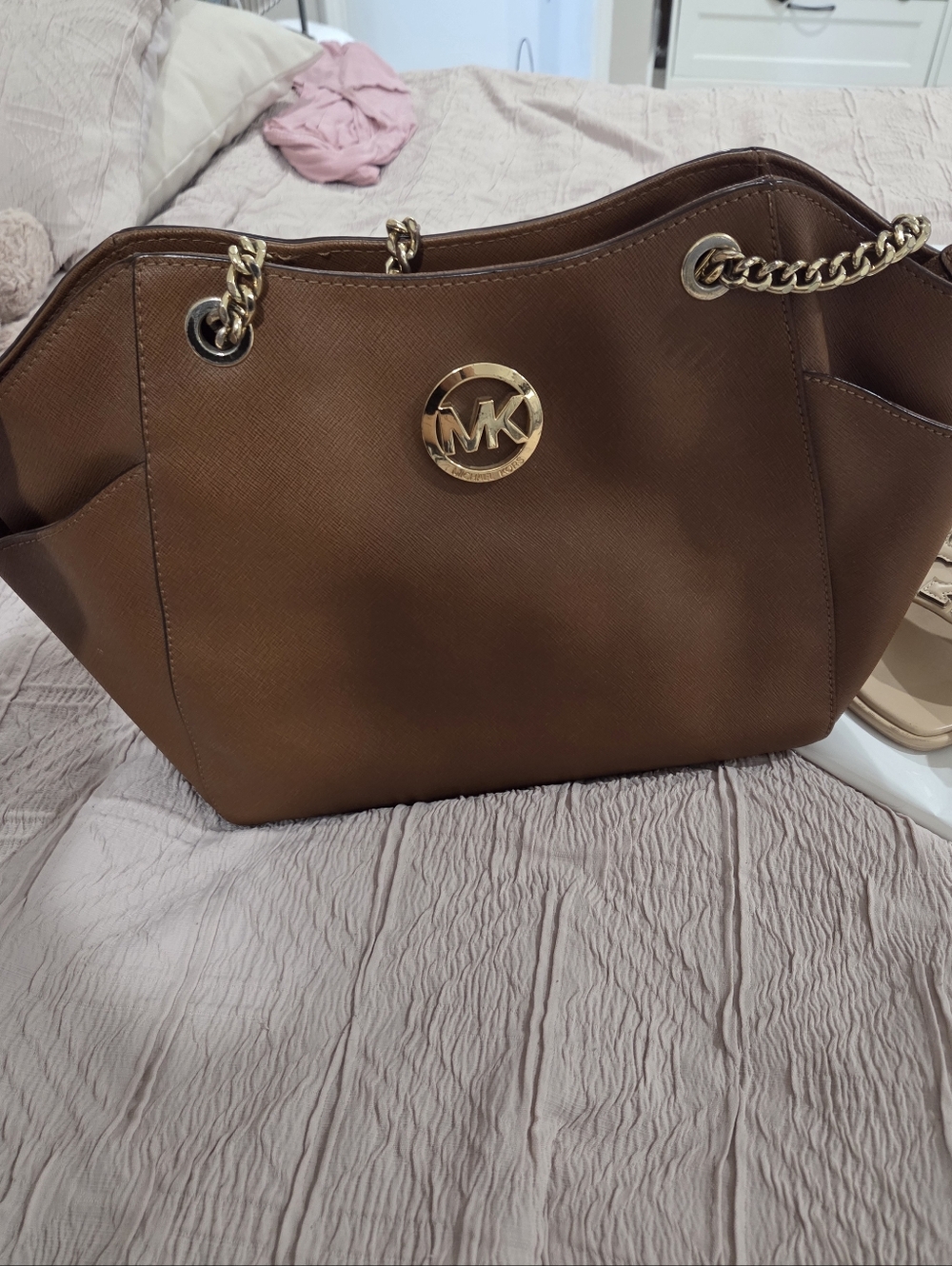 Michael Kors Cognac Saffiano Tote with Gold MK Emblem